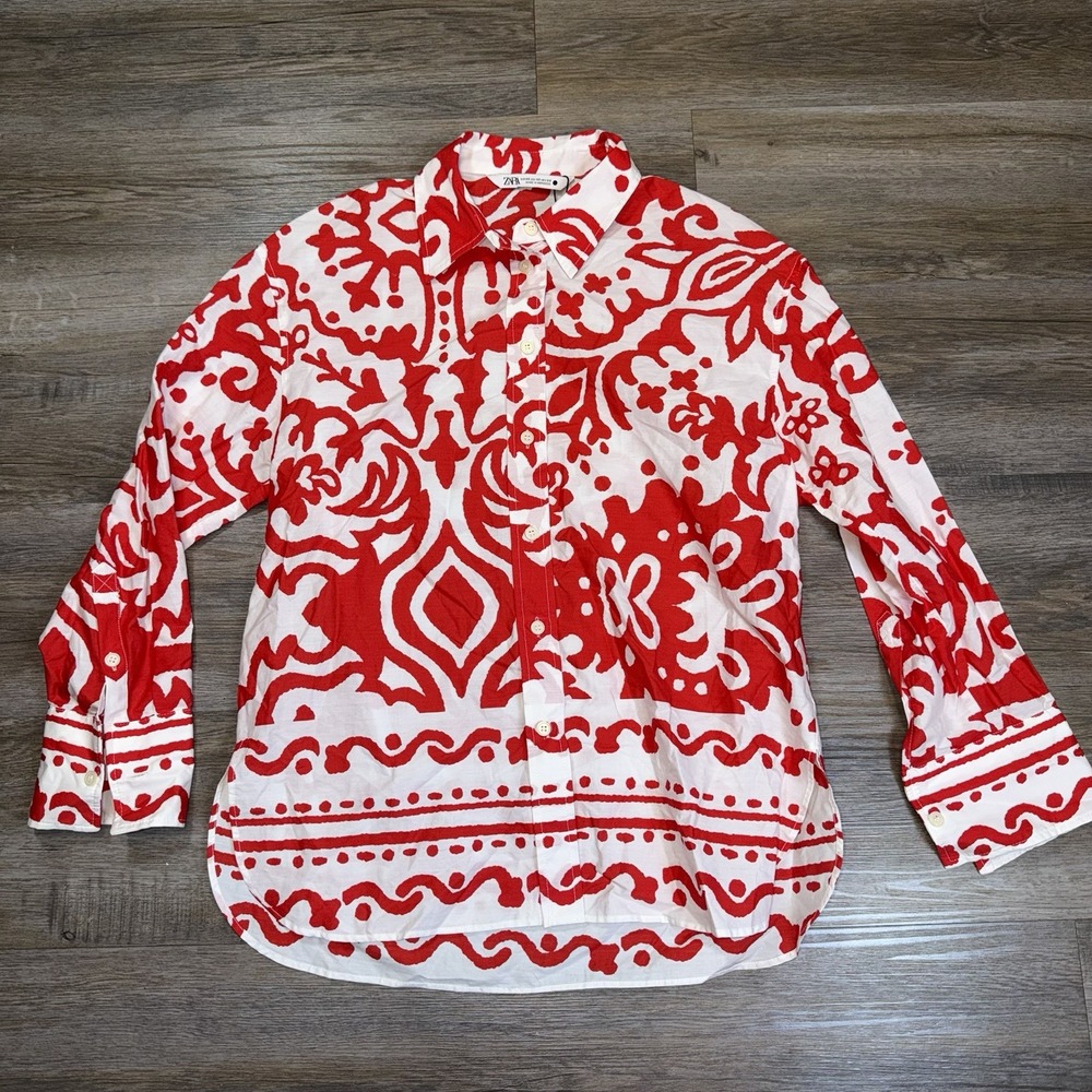 Zara Striking Red White Printed Long-Sleeve Button-Down Shirt Womens XS